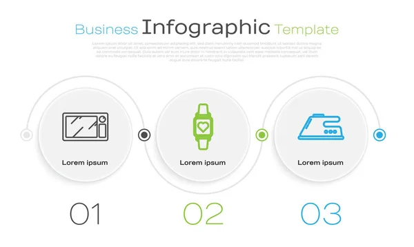 Ligne de réglage Four à micro-ondes, montre intelligente montrant la fréquence cardiaque et fer électrique. Modèle d'infographie d'entreprise. Vecteur — Image vectorielle