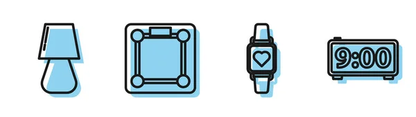 Nastavit řadu Chytré hodinky ukazující tep srdce, stolní lampu, měřítka koupelny a ikonu Digitální budík. Vektor — Stockový vektor