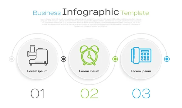 Definir linha moedor de carne da cozinha, relógio de alarme e telefone. Modelo de infográfico de negócios. Vetor — Vetor de Stock
