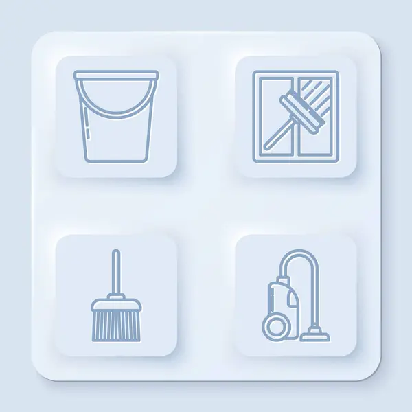 Set line Bucket , Squeegee, scraper, wiper, Handle broom and Vacuum cleaner . White square button. Vector — 스톡 벡터