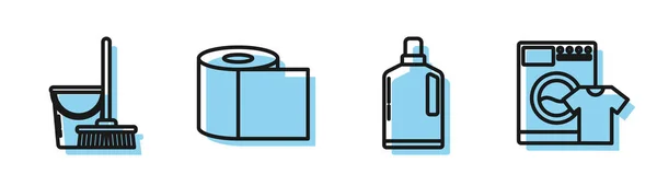 Set lijn Plastic flessen voor vloeibare afwasmiddel, dweil en emmer, toiletrol en Wasmachine en t-shirt icoon. Vector — Stockvector
