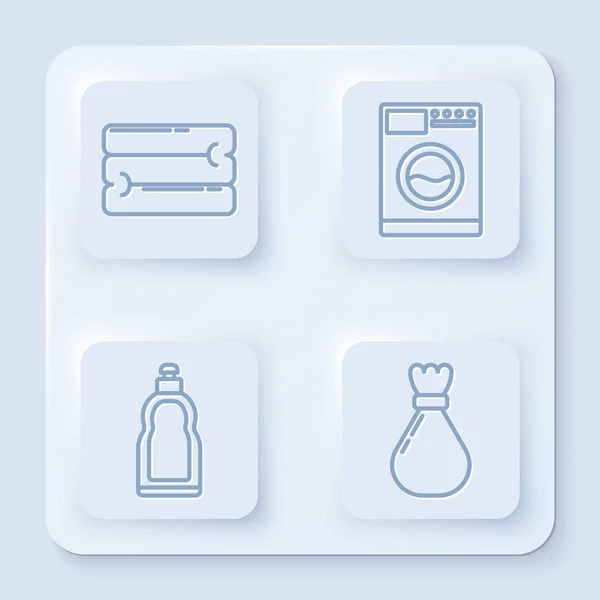 Set line Handtuchstapel, Waschmaschine, Plastikflaschen für flüssiges Spülmittel und Müllsack. weiße quadratische Taste. Vektor — Stockvektor