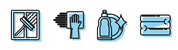 Set line Plastové láhve na tekuté mytí nádobí kapaliny, Squeegee, škrabka, stěrač, úklidové služby a ikona Ručník zásobníku. Vektor — Stockový vektor