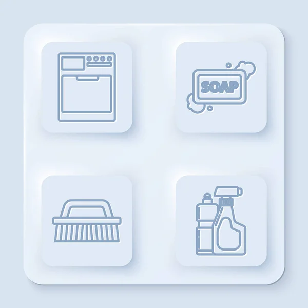 Linienwaschmaschine, Seifenstück mit Schaum, Pinsel zum Reinigen und Plastikflaschen für flüssiges Spülmittel. weiße quadratische Taste. Vektor — Stockvektor