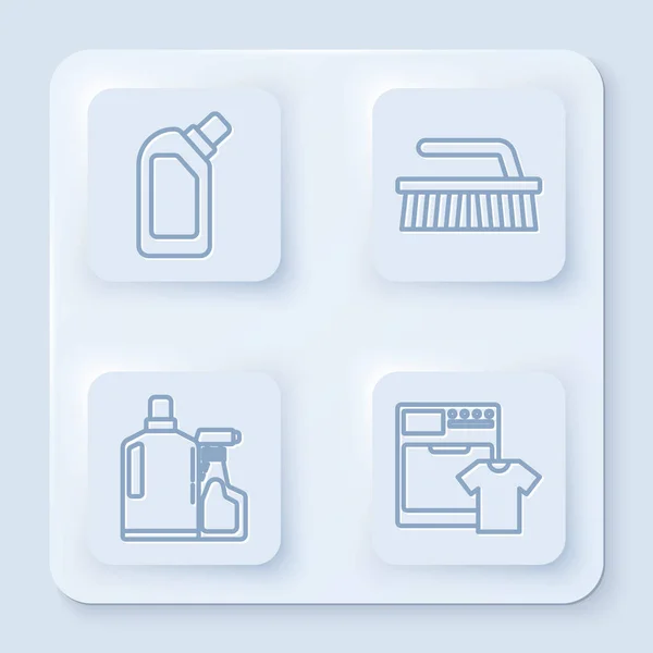 Набор линейки Пластиковые бутылки для жидкой жидкости для мытья посуды, Кисть для чистки, Пластиковые бутылки для жидкости для мытья посуды и Стиральная машина и футболка. Белая квадратная кнопка Вектор — стоковый вектор