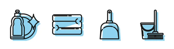 Set lijn Stof, Plastic flessen voor vloeibare vaatwasvloeistof, Handdoekzak en dweil en emmer pictogram. Vector — Stockvector