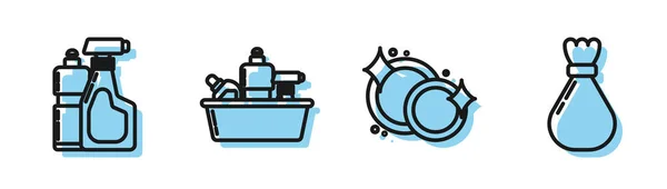 Set line Geschirr, Plastikflaschen für flüssiges Spülmittel, Plastikflaschen für flüssiges Spülmittel und Müllsacksymbol. Vektor — Stockvektor