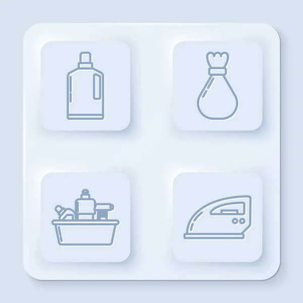 Set line Plastic bottles for liquid dishwashing liquid, Garbage bag , Plastic bottles for liquid dishwashing liquid and Electric iron . White square button. Vector — 스톡 벡터