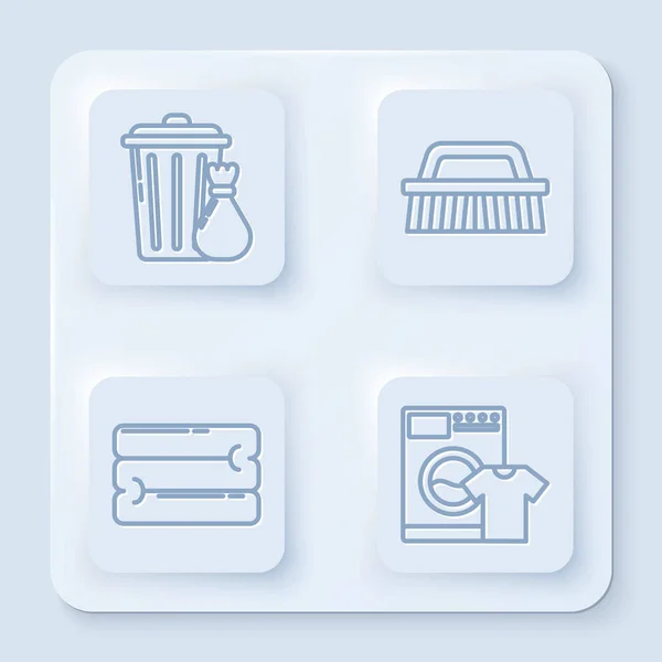 Set line Trash can and garbage bag , Brush for cleaning , Towel stack and Washer and t-shirt . White square button. Vector — 스톡 벡터