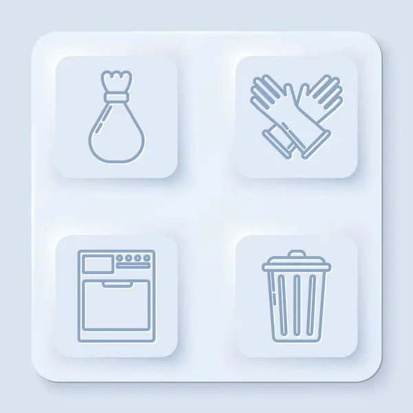 Zestaw linii worek na śmieci, gumowe rękawiczki, pralka i kosz na śmieci. Biały, kwadratowy przycisk. Wektor — Wektor stockowy