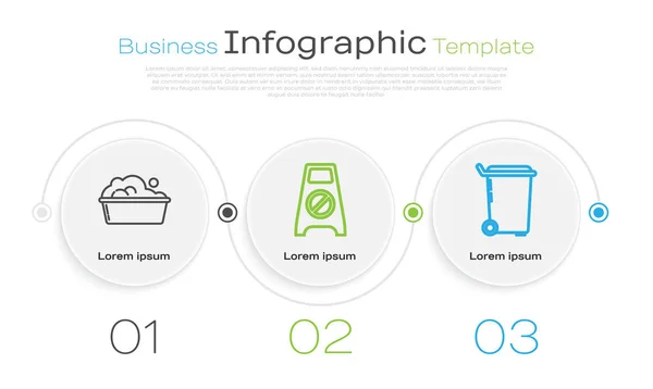 Set line Plastic basin with soap suds, Wet floor and cleaning in progress and Trash can. Бизнес-инфографический шаблон. Вектор — стоковый вектор