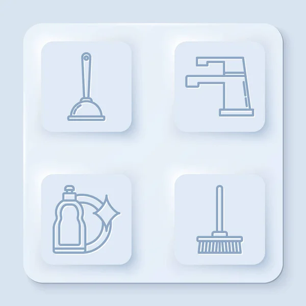 Set line Toaletní píst, Vodní kohoutek, Plastové láhve na tekuté mytí nádobí kapalina a Mop. Bílý knoflík. Vektor — Stockový vektor
