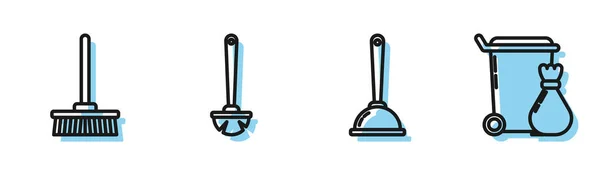 Set line Toilet plunger, Mop , Toilet brush and Trash can icon. Vector — Stock Vector