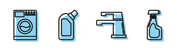 Set line Waterkraan, Wasmachine, Plastic flessen voor vloeibaar vaatwasmiddel en Reiniging spuitfles met wasmiddel vloeistof icoon. Vector — Stockvector