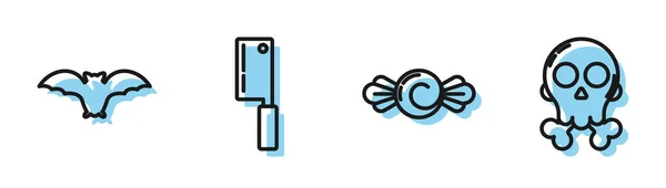 Set line Candy , Flying bat , Meat chopper and Skull on crossbones icon. Vector — 스톡 벡터