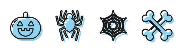 Establecer línea Spider web, calabaza, araña y huesos cruzados icono. Vector — Archivo Imágenes Vectoriales