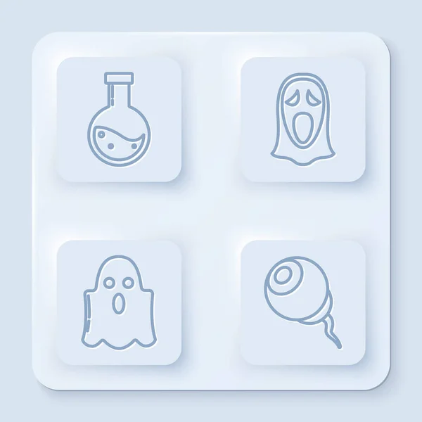 Set line Bottle with potion , Funny and scary ghost mask for Halloween , Ghost and Eye . White square button. Vector — 스톡 벡터