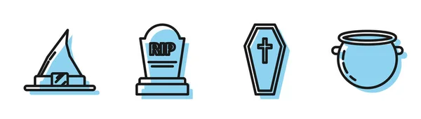 Set line Coffin with christian cross , Witch hat , Tombstone with RIP and Halloween witch cauldron icon. Vector — Stock Vector