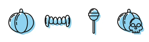 ラインロリポップ、カボチャ、吸血鬼の歯とカボチャと頭蓋骨のアイコンを設定します。ベクトル — ストックベクタ
