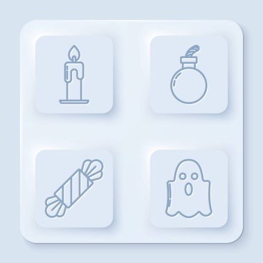 Hattı kurun, mumu yakın, bomba patlamaya hazır, Şeker ve Hayalet. Beyaz kare düğme. Vektör