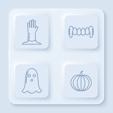 Zombi eli, Vampir dişi, Hayalet ve Balkabağı. Beyaz kare düğme. Vektör