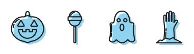 Hat Hayalet, Balkabağı, Lolipop ve Zombi el ikonu. Vektör