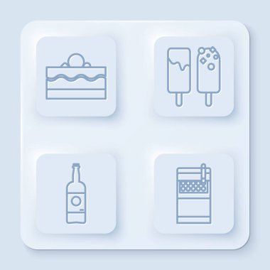 Çizgi pasta, dondurma, bira şişesi ve açık sigara paketi. Beyaz kare düğme. Vektör