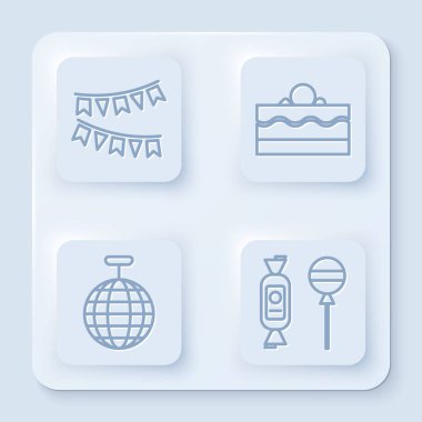 Bayraklı, pastalı, disko toplu ve lolipoplu karnaval çelengi. Beyaz kare düğme. Vektör