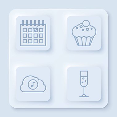 Ayrıntılı takvim, Muffin, Müzik Yayını ve bir kadeh şampanya. Beyaz kare düğme. Vektör