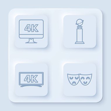 Bilgisayar PC monitörünü 4K video teknolojisi, Trophy Golden Globe, 4k Ultra Hd video teknolojisi ve komedi ve trajedi teatral maskeli Screen TV ile ayarla. Beyaz kare düğme. Vektör
