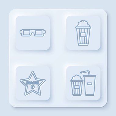 Set hattı 3D sinema gözlüğü, karton kutuda patlamış mısır, Hollywood ünlülerin caddesinde ünlü yıldız yürüyüşü ve patlamış mısır ve soda bardağı. Beyaz kare düğme. Vektör