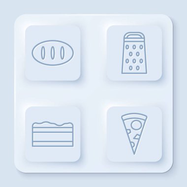 Ekmek somunu, rende, çikolatalı kek ve pizza dilimleri. Beyaz kare düğme. Vektör