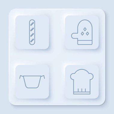 Fransız ekmeği, fırın eldiveni, tencere ve şef şapkası. Beyaz kare düğme. Vektör