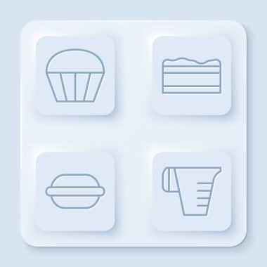 Set hattı Muffin, Brownie çikolatalı kek, Macaron kurabiyesi ve Ölçme kabı. Beyaz kare düğme. Vektör