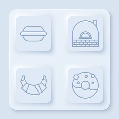 Makarna kurabiyesi, Brick sobası, kruvasan ve tatlı jöleli çörek. Beyaz kare düğme. Vektör