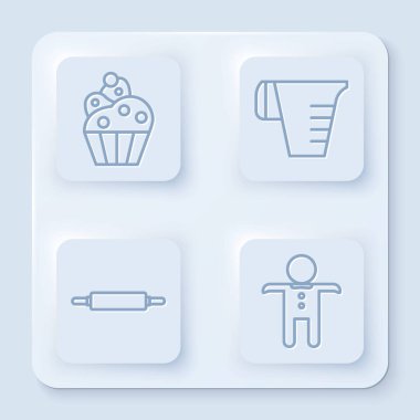 Cupcake, Ceasuring cup, Rolling pin ve Holiday zencefilli kurabiye. Beyaz kare düğme. Vektör