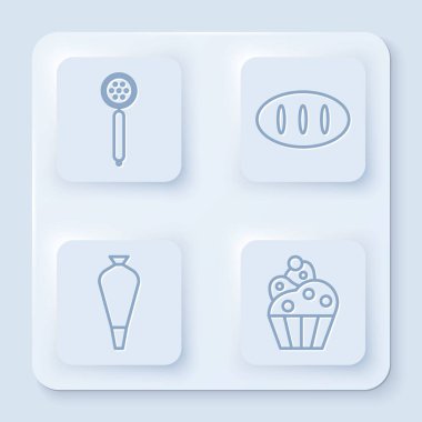 Süzgeç kaşığı, ekmek somunu, kek ve kek için hamur işi poşeti. Beyaz kare düğme. Vektör