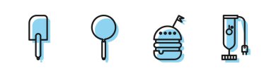 Çizgi Burger, Spatula, Kızartma Tavası ve Blender simgesi. Vektör