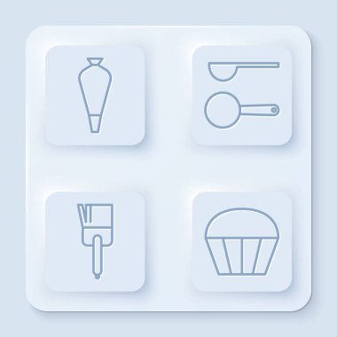 Dekorasyon pastaları, ölçü kaşığı, mutfak fırçası ve kek için hamur işi poşeti hazırla. Beyaz kare düğme. Vektör