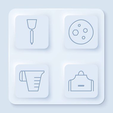 Spatula, Kurabiye ya da çikolatalı bisküvi, ölçü kabı ve mutfak önlüğü. Beyaz kare düğme. Vektör