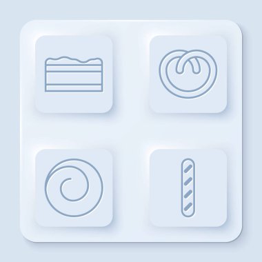 Sabit çizgi Brownie çikolatalı kek, Pretzel, tarçınlı çörek ve Fransız ekmeği. Beyaz kare düğme. Vektör