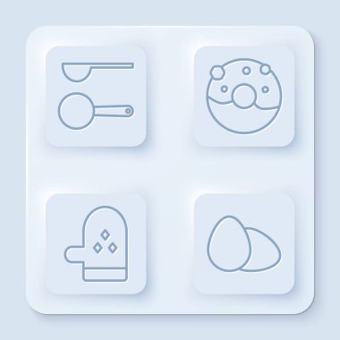 Ölçme kaşığı, tatlı jöleli çörek, fırın eldiveni ve tavuk yumurtası. Beyaz kare düğme. Vektör