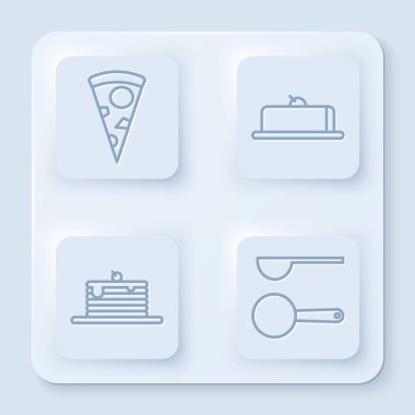 Dilimlenmiş pizza, çilekli kek dilimi, bir yığın krep ve ölçü kaşığı. Beyaz kare düğme. Vektör