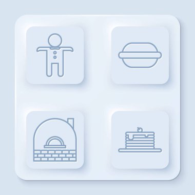 Bayram zencefilli kurabiye, makarna kurabiyesi, tuğla soba ve krep yığını. Beyaz kare düğme. Vektör