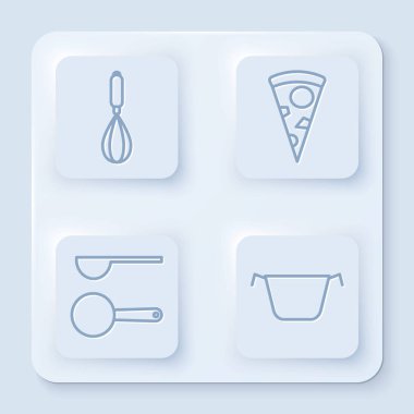Hattı ayarla, mutfak çırpıcısı, pizza dilimi, ölçü kaşığı ve tencere. Beyaz kare düğme. Vektör