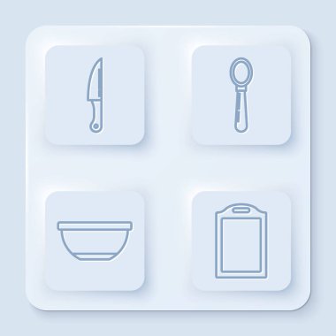 Çizgi çizgisi Bıçak, Kaşık, Bowl ve Kesme tahtası. Beyaz kare düğme. Vektör