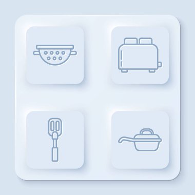 Mutfak süzgeci, tostlu tost makinesi, Spatula ve kızartma tavası. Beyaz kare düğme. Vektör