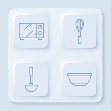 Hattı ayarla, mikrodalga fırın, mutfak çırpısı, mutfak kepçesi ve bowling. Beyaz kare düğme. Vektör