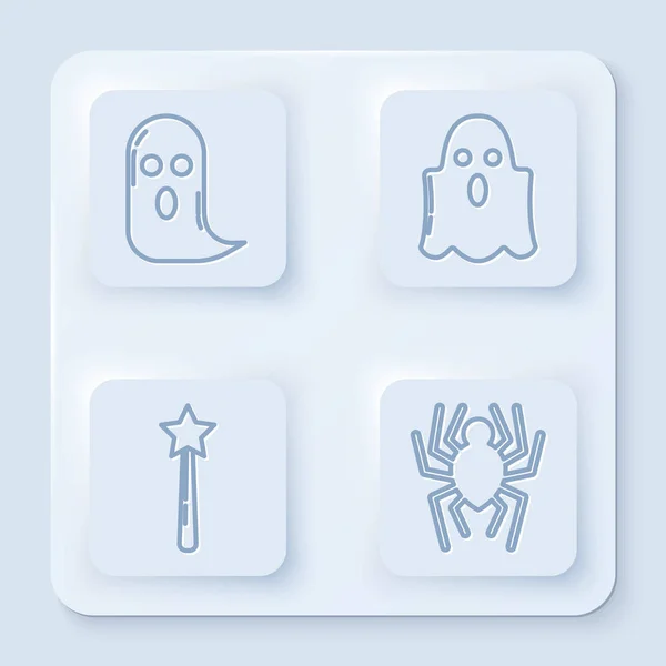 Set line Ghost , Ghost , Magic wand and Spider . White square button. Vector — 스톡 벡터