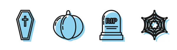 Liniengrabstein mit Riss, Sarg mit Christenkreuz, Kürbis und Spinnennetz-Ikone. Vektor — Stockvektor
